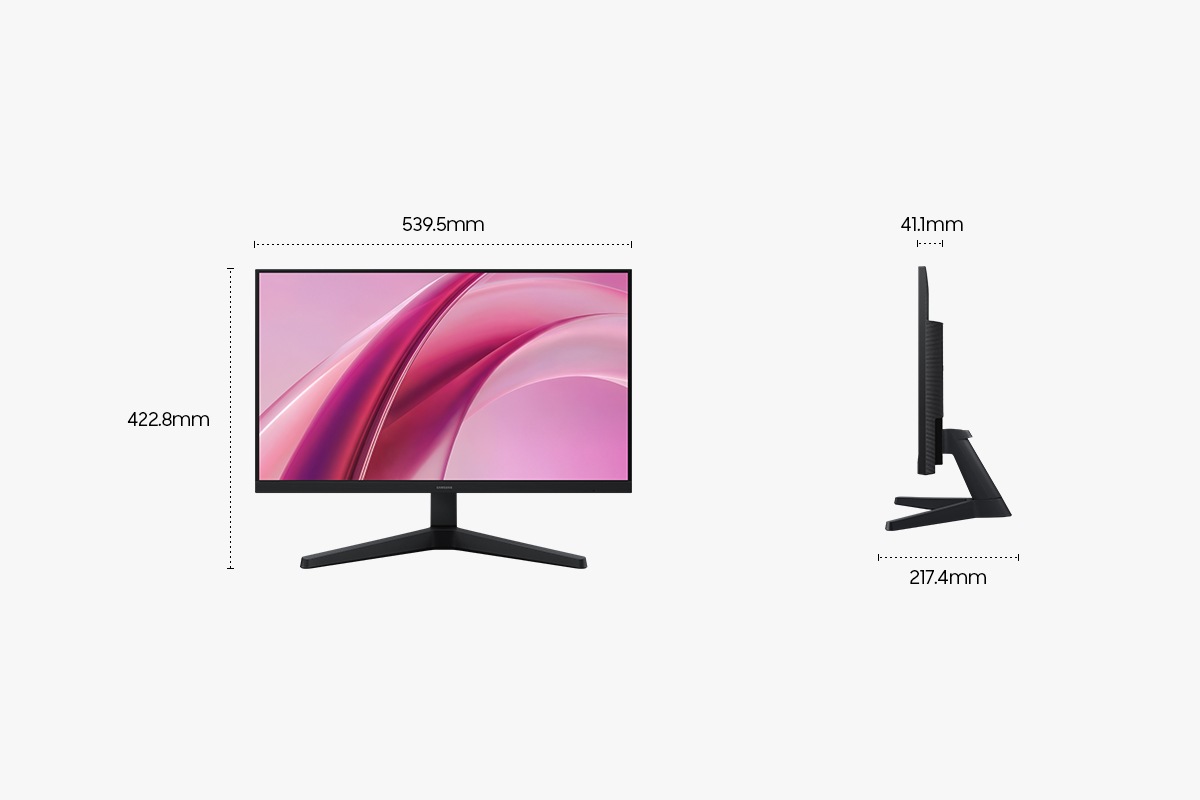 Dimensions of the 24-inch Samsung Essential Monitor G3 (539.5 x 422.8 x 217.4 mm) with a stand and a screen depth of 41.1 mm without a stand.