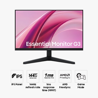 Front of the 24-inch Samsung Essential Monitor G3. Five icons for features about IPS Panel, 144Hz refresh rate, 1ms response time(MPRT), AMD FreeSync and Game Mode.
