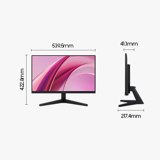 Dimensions of the 24-inch Samsung Essential Monitor G3 (539.5 x 422.8 x 217.4 mm) with a stand and a screen depth of 41.1 mm without a stand.