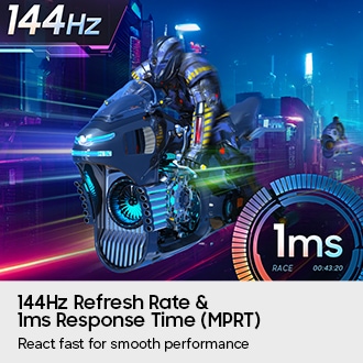 A person is riding a futuristic motorcycle. 144Hz refresh rate and 1ms response time (MPRT).
