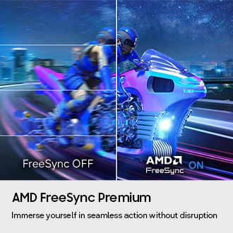 A person is riding a futuristic motorcycle. The screen with AMD FreeSync turned on is clearer than the screen with it turned off.