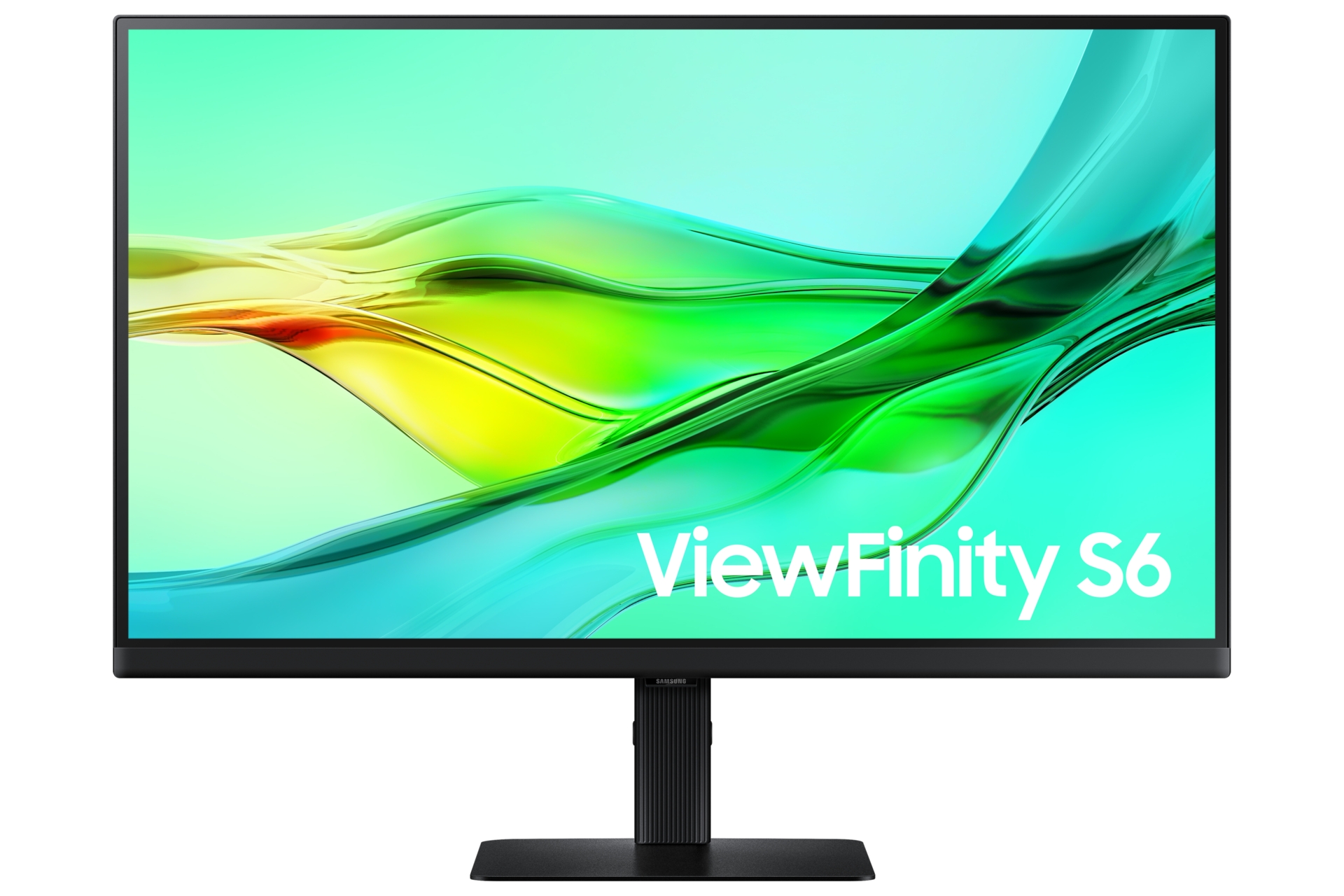 Front of 27 inch Samsung ViewFinity S60UD with green wave on screen.