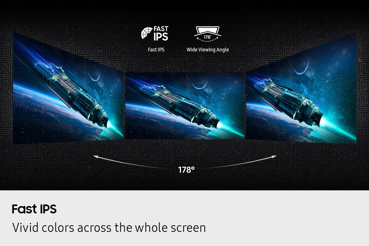 Fast IPS. Vivid colors across the whole screen. Three monitors placed side by side provide a viewing angle of 178°. Fast IPS and Wide Viewing Angle icons.