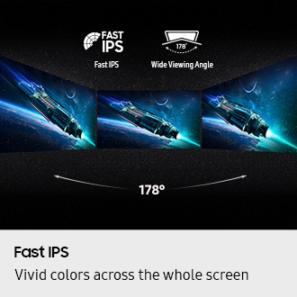 Fast IPS. Vivid colors across the whole screen. Three monitors placed side by side provide a viewing angle of 178°. Fast IPS and Wide Viewing Angle icons.