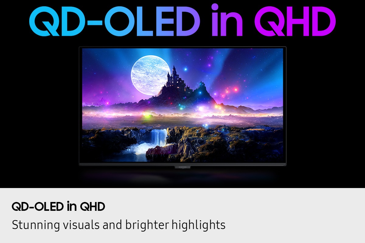 QD-OLED in QHD. Stunning visuals and brighter highlights. A TV screen displays a castle and a waterfall. A planet in the background with colorful lights that fill the screen. 