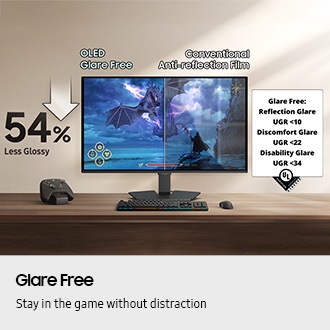 Glare Free. Stay in the game without distraction. A monitor with a gaming setup. The OLED Glare Free film makes the screen 54% less glossy than the Conventional Anti-reflection Film. Glare Free: Reflection Glare UGR <10, Discomfort Glare UGR <22, Disability Glare UGR <34.