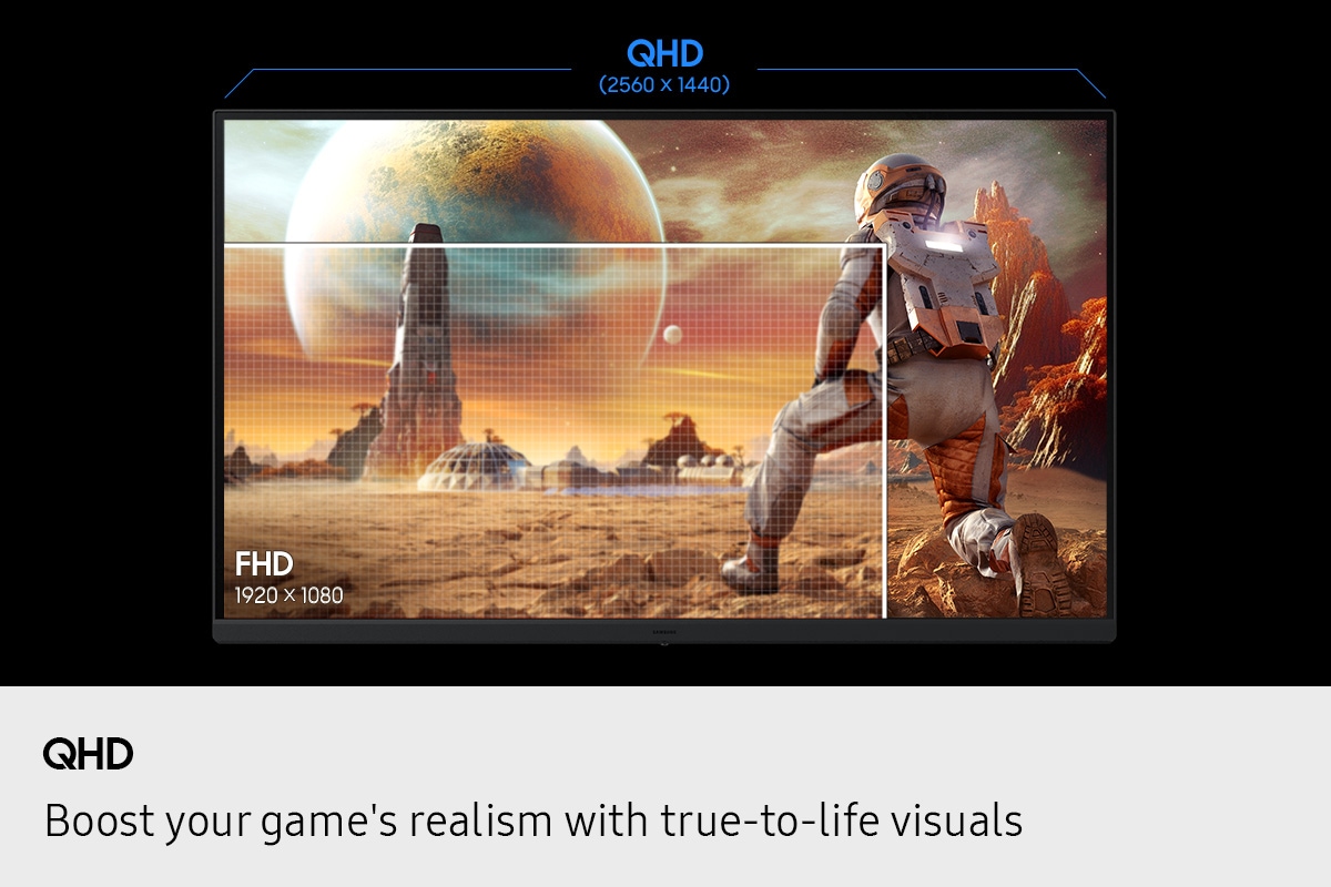 QHD. Boost your game's realism with true-to-life visuals. QHD resolution (2560 X 1440) shows a character watching a building from afar, and FHD resolution (1920 X 1080) shows only a part of the character.