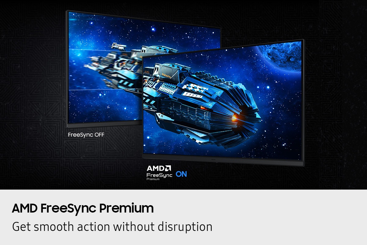 AMD FreeSync Premium. Get smooth action without disruption. Two screens show a spaceship in space. FreeSync OFF shows a choppier image than AMD FreeSync Premium ON.
