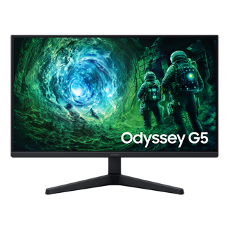 Front of Samsung Odyssey G5. A monitor screen shows two characters wearing a suit heading towards a neon blue portal.