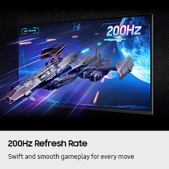200Hz Refresh Rate. Swift and smooth gameplay for every move. A spaceship is zooming out of the monitor screen. 200Hz refresh rate.
