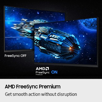 AMD FreeSync Premium. Get smooth action without disruption. Two screens show a spaceship in space. FreeSync OFF shows a choppier image than AMD FreeSync Premium ON.
