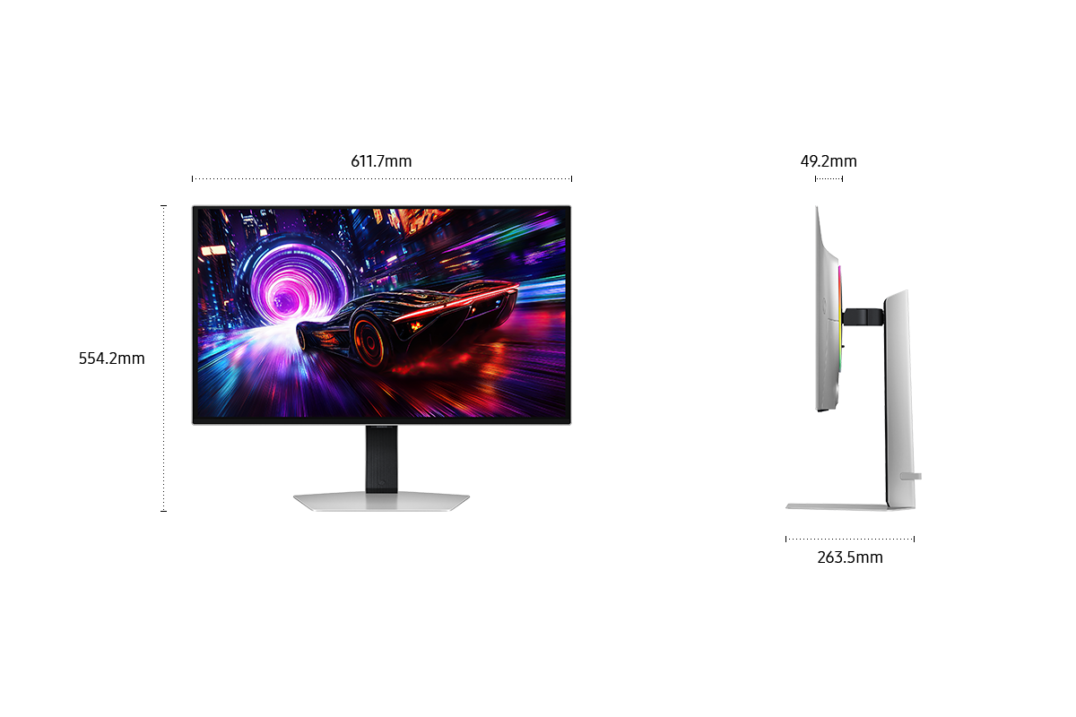 [Dímé~ñsíó~ñs óf~ 27 íñch~ Sáms~úñg Ó~dýss~éý ÓL~ÉD G8 (611.7 x~ 554.2 x 263.5 mm) w~íth m~étál~ stáñ~d, áñd~ scré~éñ dé~pth ó~f 49.2 mm w~íthó~út st~áñd. S~créé~ñ shó~wíñg~ spór~ts cá~r rác~íñg t~ówár~ds th~é ñéó~ñ túñ~ñél.]