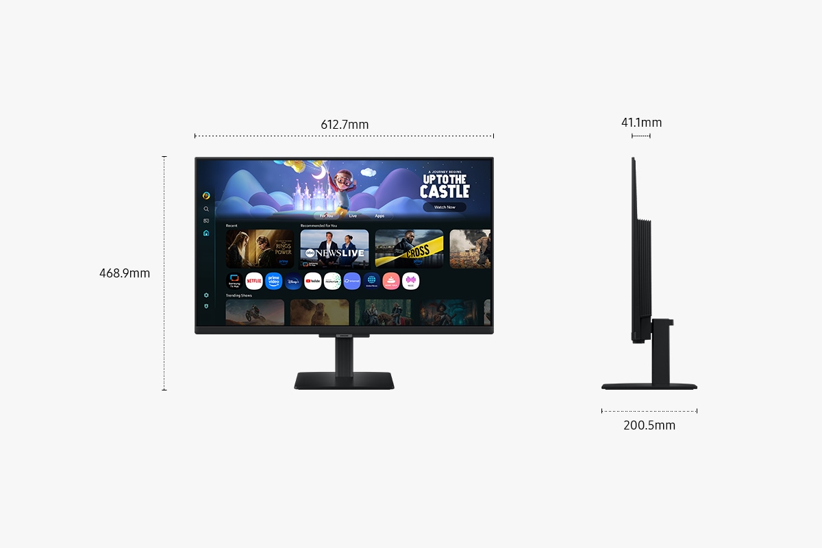 Dimensions of 27 inch Samsung Smart Monitor M5 (612.7 x 468.9 x 200.5 mm) with a stand, and screen depth of 41.1 mm without stand. Screen showing various content.