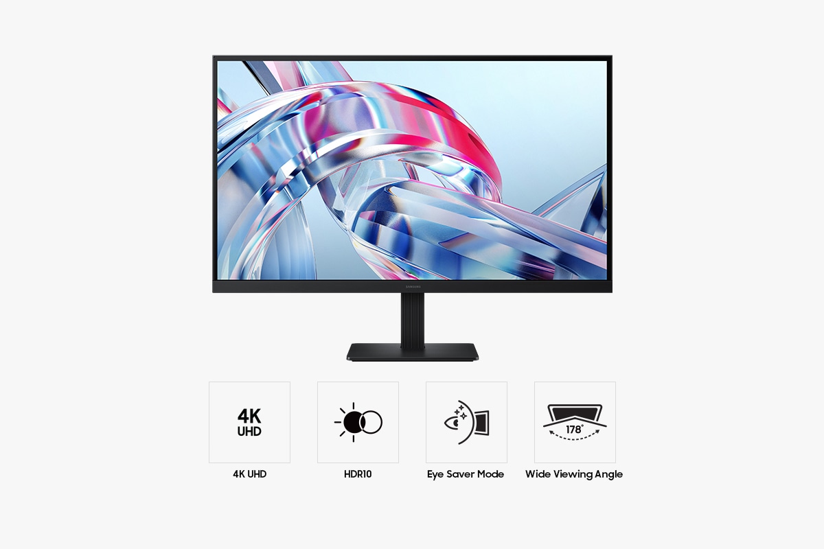 Front of the 27-inch Samsung ViewFinity S7 S70H with the screen showing an array of bright colors, and four icons for features about 4K UHD, HDR10, Eye Saver Mode and Wide Viewing Angle.