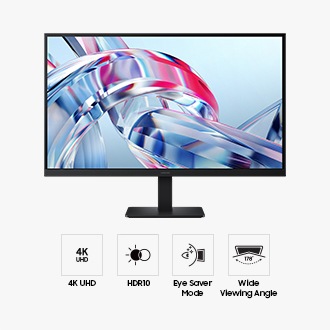 Front of the 27-inch Samsung ViewFinity S7 S70H with the screen showing an array of bright colors, and four icons for features about 4K UHD, HDR10, Eye Saver Mode and Wide Viewing Angle.