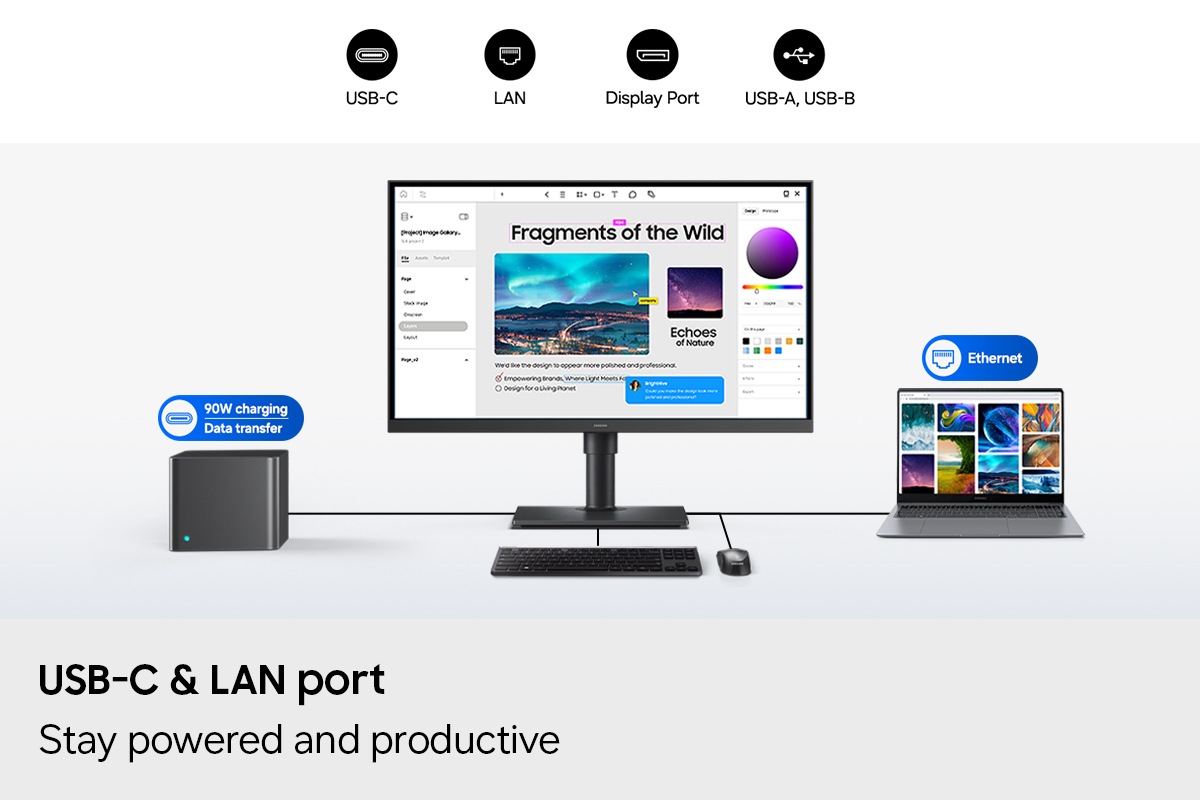 USB-C & LAN port. Stay powered and productive. A monitor is connected to a PC, a laptop, a keyboard and a mouse. The monitor has an editing tool open. The port icon above the PC indicates 90W charging and data transfer, while the Ethernet icon is above the laptop. Icons for USB-C, LAN, Display Port, USB-A and USB-B.