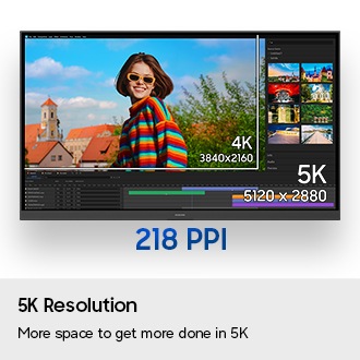 5K Resolution. More space to get more done in 5K. The monitor is shown with a photo editing tool open. The screen displays 4K (3840 x 2160) and 5K (5120 x 2880). Below that, 218 PPI.