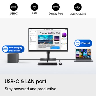 USB-C & LAN port. Stay powered and productive. A monitor is connected to a PC, a laptop, a keyboard and a mouse. The monitor has an editing tool open. The port icon above the PC indicates 90W charging and data transfer, while the Ethernet icon is above the laptop. Icons for USB-C, LAN, Display Port, USB-A and USB-B.