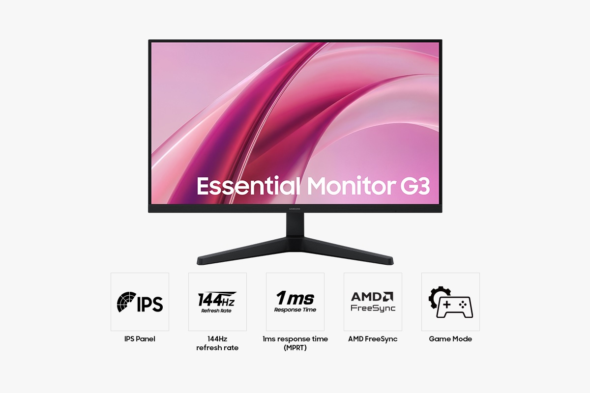 Front of the 27-inch Samsung Essential Monitor G3. Five icons for features about IPS Panel, 144Hz refresh rate, 1ms response time(MPRT), AMD FreeSync and Game Mode.