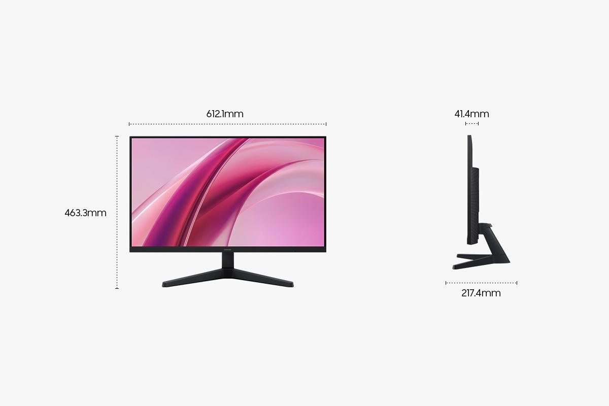 Dimensions of the 27-inch Samsung Essential Monitor G3 (612.1 x 463.3 x 217.4 mm) with a stand and a screen depth of 41.4mm without a stand.