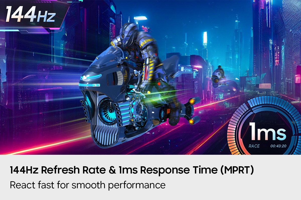 A person is riding a futuristic motorcycle. 144Hz refresh rate and 1ms response time (MPRT).