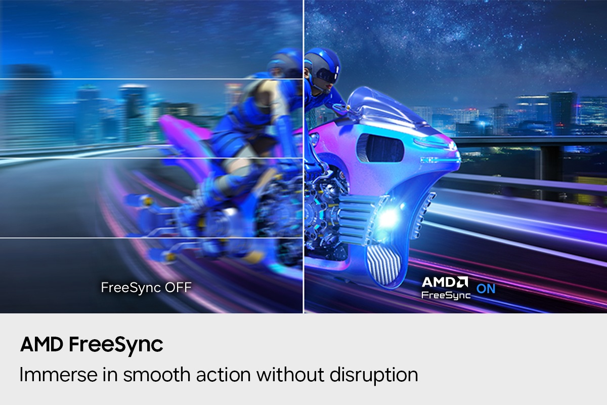 A person is riding a futuristic motorcycle. The screen with AMD FreeSync turned on is clearer than the screen with it turned off.