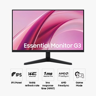Front of the 27-inch Samsung Essential Monitor G3. Five icons for features about IPS Panel, 144Hz refresh rate, 1ms response time(MPRT), AMD FreeSync and Game Mode.