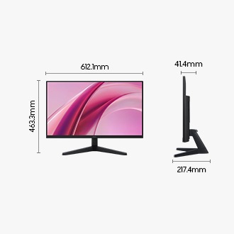 Dimensions of the 27-inch Samsung Essential Monitor G3 (612.1 x 463.3 x 217.4 mm) with a stand and a screen depth of 41.4mm without a stand.