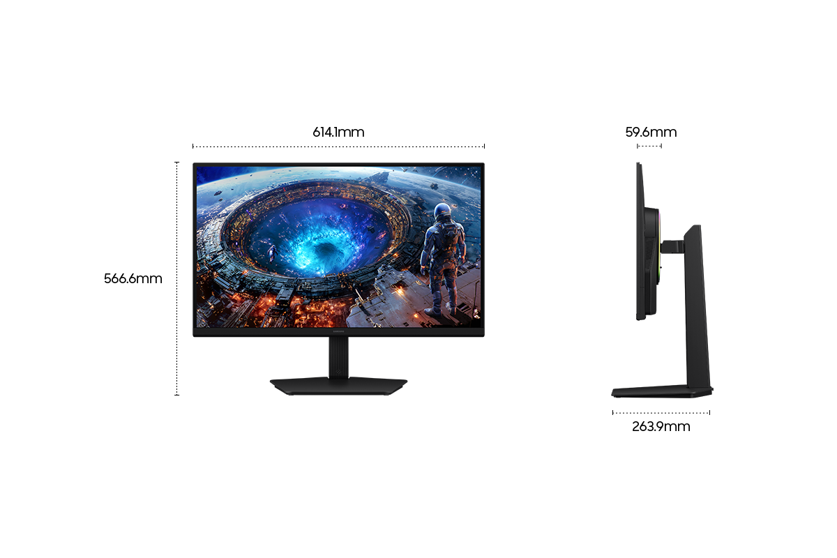Dimensions of the Samsung Odyssey G8 (614.1 x 566.6 x 263.9) with a stand and a screen depth of 59.6 mm without a stand.