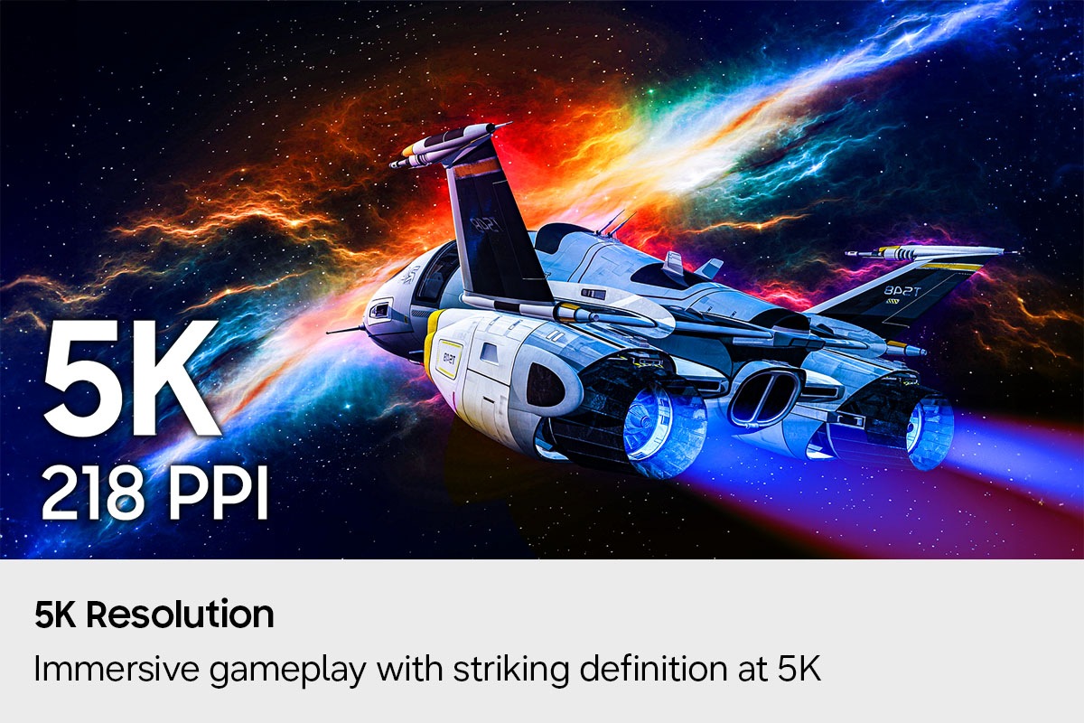 5K Resolution. Immersive gameplay with striking 5K visuals. A high-resolution 5K with 218 PPI display showing a detailed spaceship.