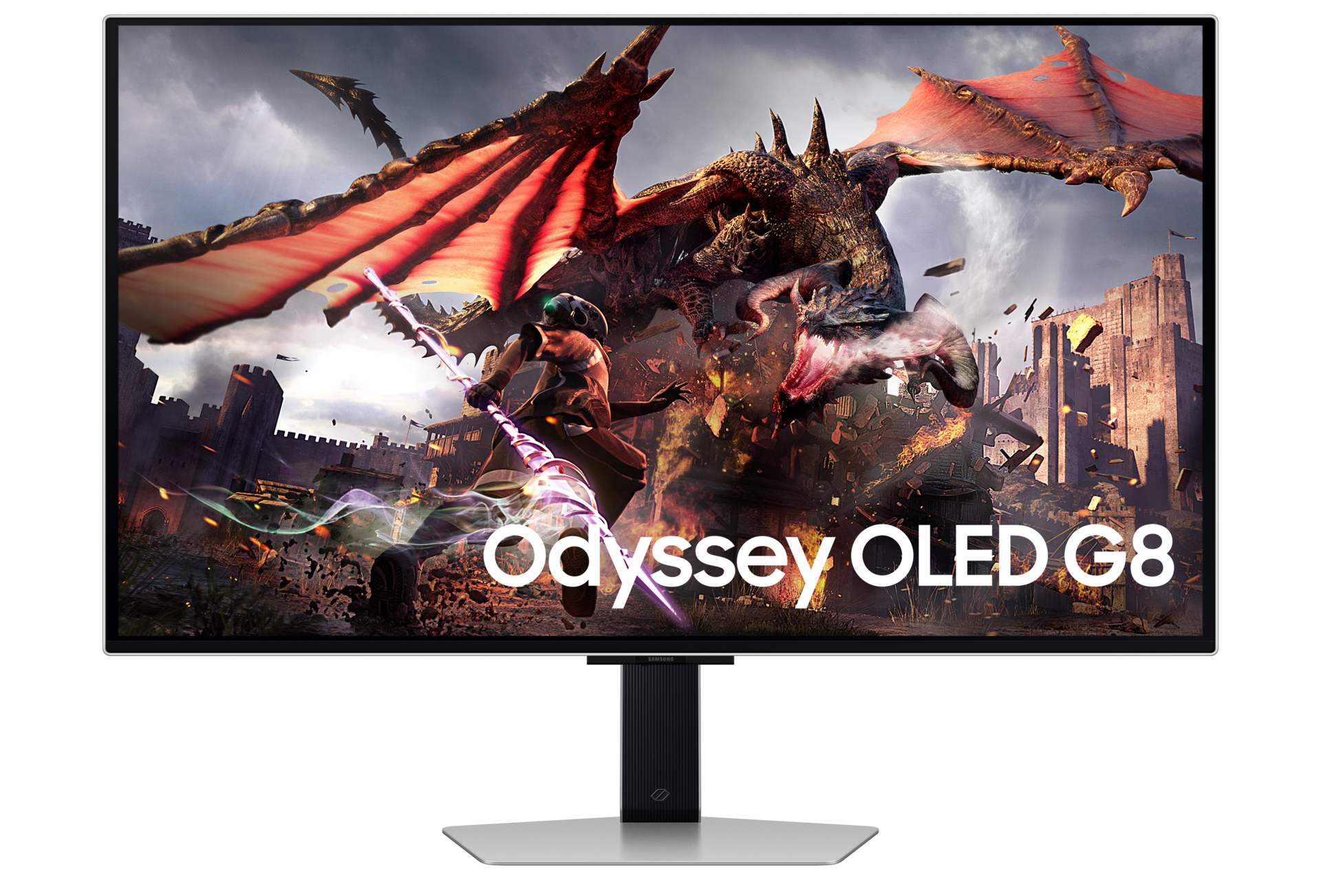 Front of Samsung Odyssey OLED G8 G80SD with dragon and warrior on screen.