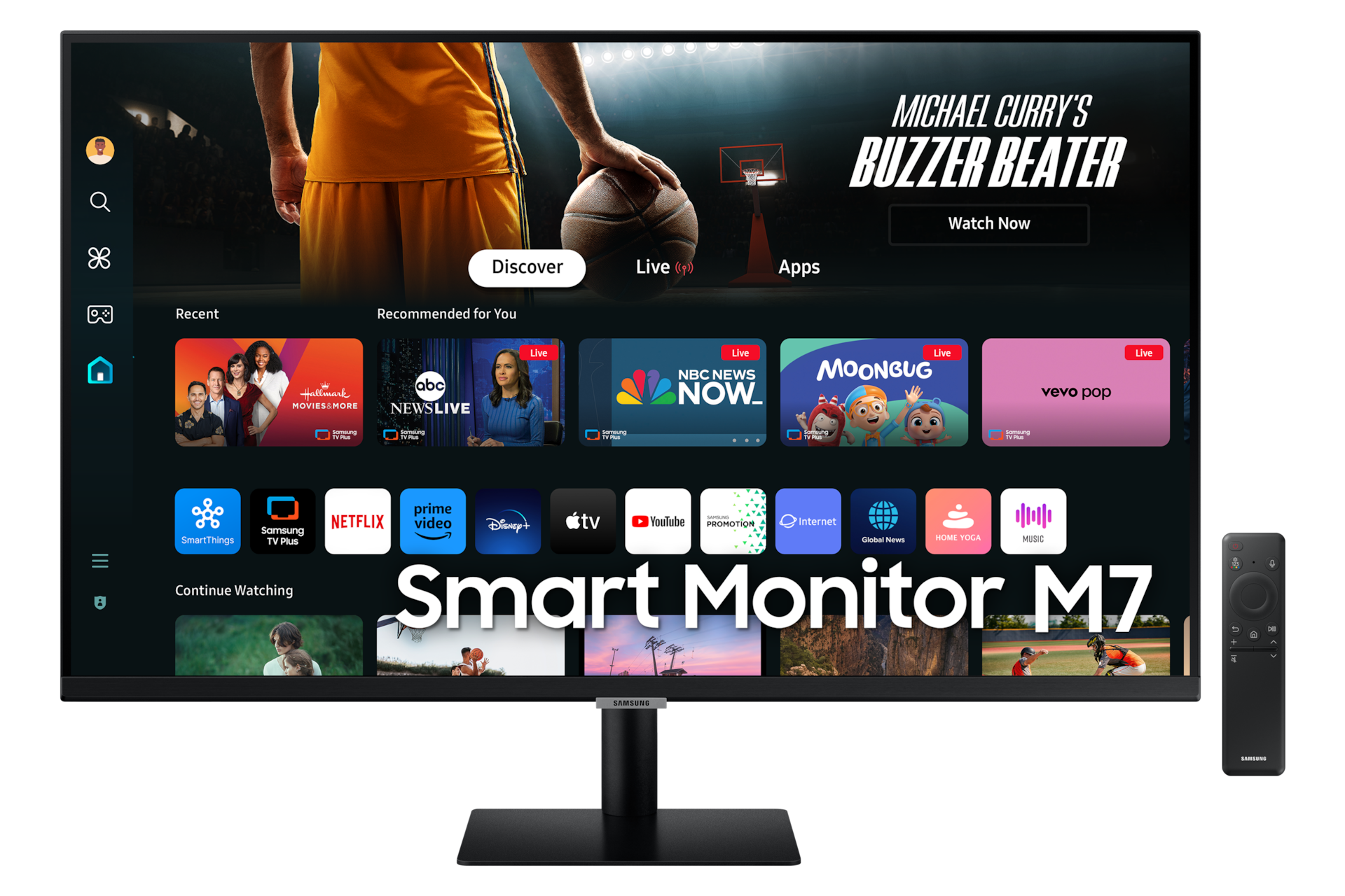 Front of 32 inch Samsung Smart Monitor M70D with Smart TV Apps on screen, and remote control.