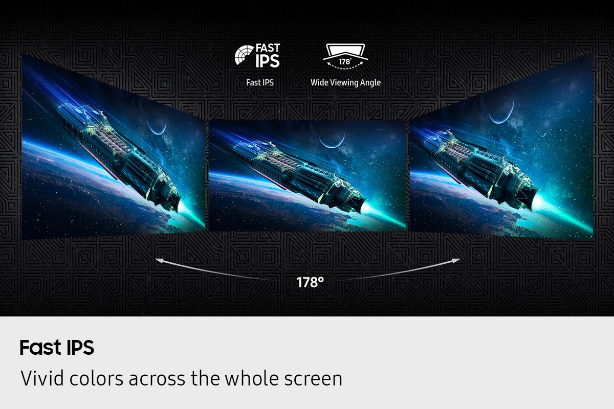 Fast IPS. Vivid colors across the whole screen. Three monitors placed side by side provide a viewing angle of 178°. Fast IPS and Wide Viewing Angle icons.