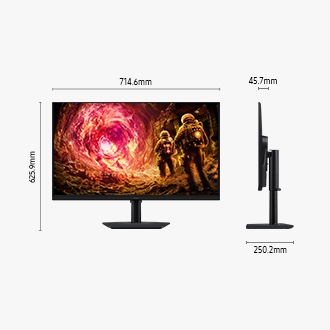 Dimensions of 32-inch Samsung Odyssey G5 714.6 x 625.9 x 250.2 mm with black stand, and screen depth of 45.1 mm without stand. A monitor screen shows two characters heading towards a pink portal.