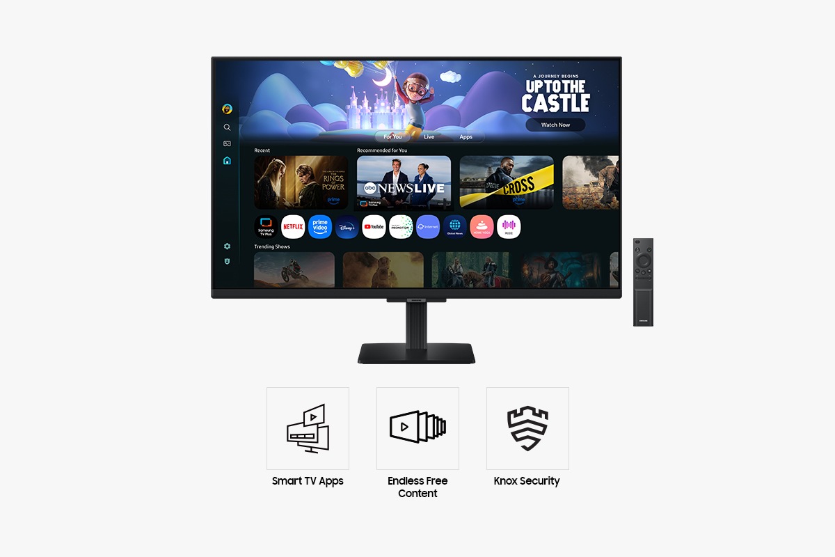 Front of 32 inch Samsung Smart Monitor M5 with the screen showing Smart TV Apps page with various content and apps lined up, and a remote control. Three icons for features about Smart TV Apps, Endless Free Content, and Knox Security.