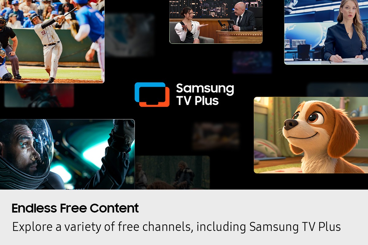 Endless Free Content. Explore a variety of free channels, including Samsung TV Plus. Samsung TV Plus logo in the center. Scenes from different content surround the logo.