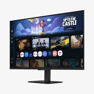 Front-left perspective of 32 inch Samsung Smart Monitor M5. Screen showing Smart TV Apps page with various content and apps lined up.