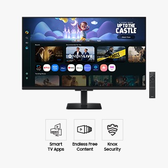 Front of 32 inch Samsung Smart Monitor M5 with the screen showing Smart TV Apps page with various content and apps lined up, and a remote control. Three icons for features about Smart TV Apps, Endless Free Content, and Knox Security.