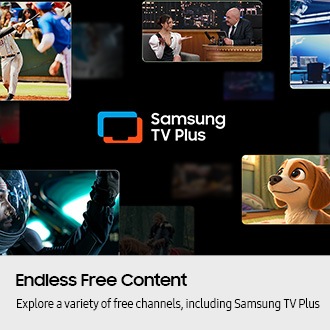 Endless Free Content. Explore a variety of free channels, including Samsung TV Plus. Samsung TV Plus logo in the center. Scenes from different content surround the logo.