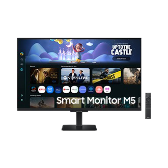 Front of 32 inch Samsung Smart Monitor M5 with the screen showing Smart TV Apps page with various content and apps lined up, and a remote control.