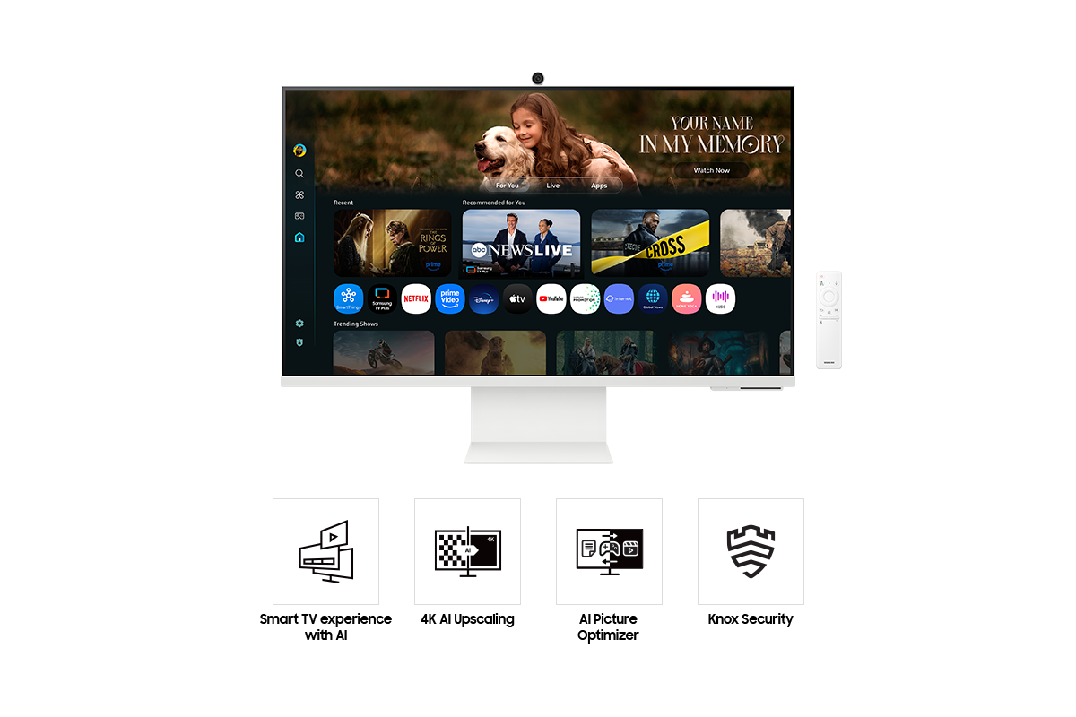 Front of 32 inch Samsung Smart Monitor M8 with the screen showing Smart TV Apps page with various content and apps lined up, and a remote control. Four icons for features about Smart TV experience with AI, 4K AI Upscaling, AI Picture Optimizer, and Knox Security.