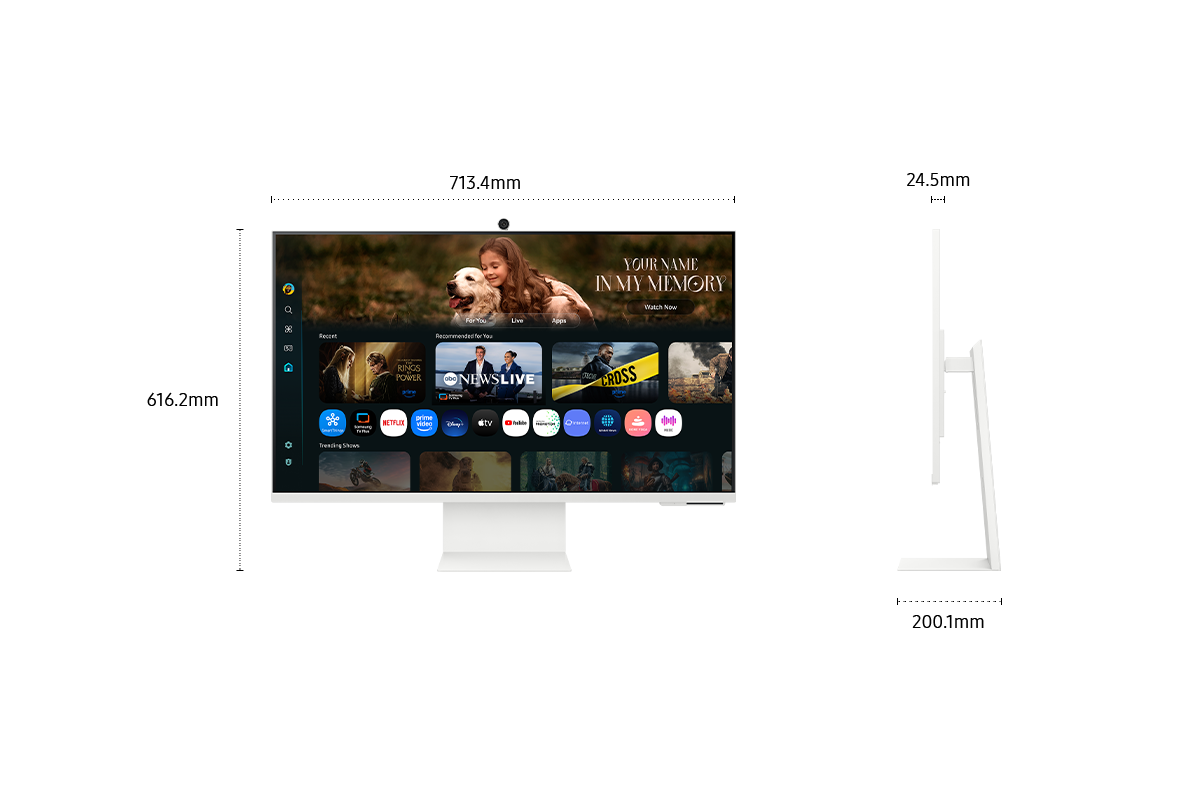 Dimensions of 32 inch Samsung Smart Monitor M8 (713.4 x 616.2 x 200.1 mm) with a stand, and screen depth of 24.5 mm without stand. Screen showing various content.