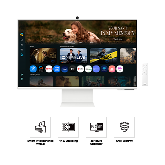 Front of 32 inch Samsung Smart Monitor M8 with the screen showing Smart TV Apps page with various content and apps lined up, and a remote control. Four icons for features about Smart TV experience with AI, 4K AI Upscaling, AI Picture Optimizer, and Knox Security.