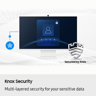Knox Security. Multi-layered security for your sensitive data. SmartThings links to the monitor. Monitor shows a secure login screen. Secured by Knox logo.