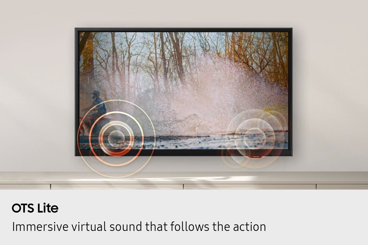 A person on a motorcycle is zipping past from one side to another. Built-in speakers follow the sound of the motorcycle as it moves