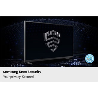 A multi-layered security solution is creating a dome-like enclosure behind a TV that's secured by Knox.The screen features the Samsung Knox emblem.