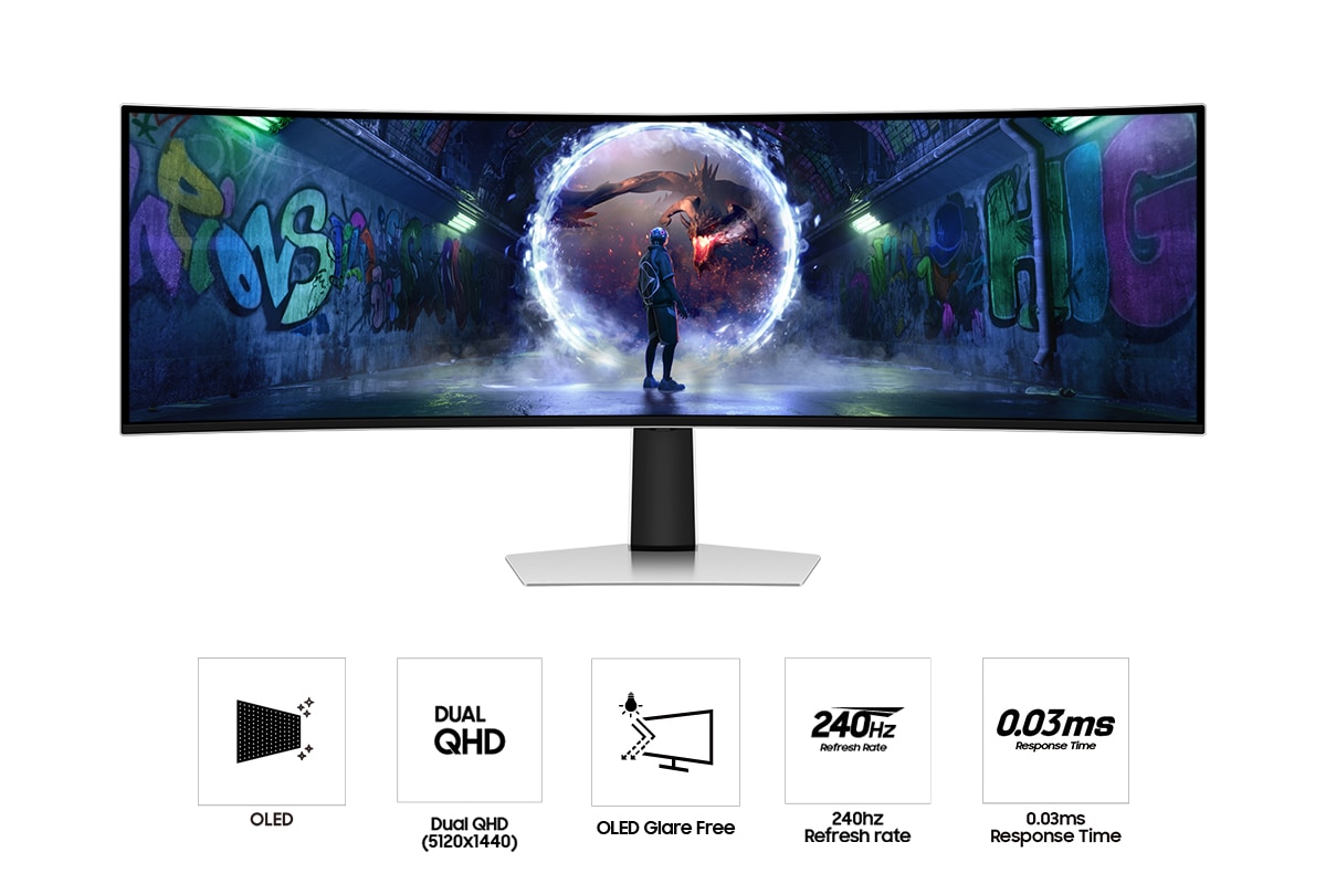 Front of  Samsung Odyssey OLED G9 G93SD with a warrior in front of a portal on screen, and five icons for features about OLED, Dual QHD, OLED Glare Free, 240Hz refresh rate, and 0.03ms response time