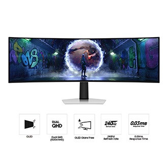 Front of  Samsung Odyssey OLED G9 G93SD with a warrior in front of a portal on screen, and five icons for features about OLED, Dual QHD, OLED Glare Free, 240Hz refresh rate, and 0.03ms response time