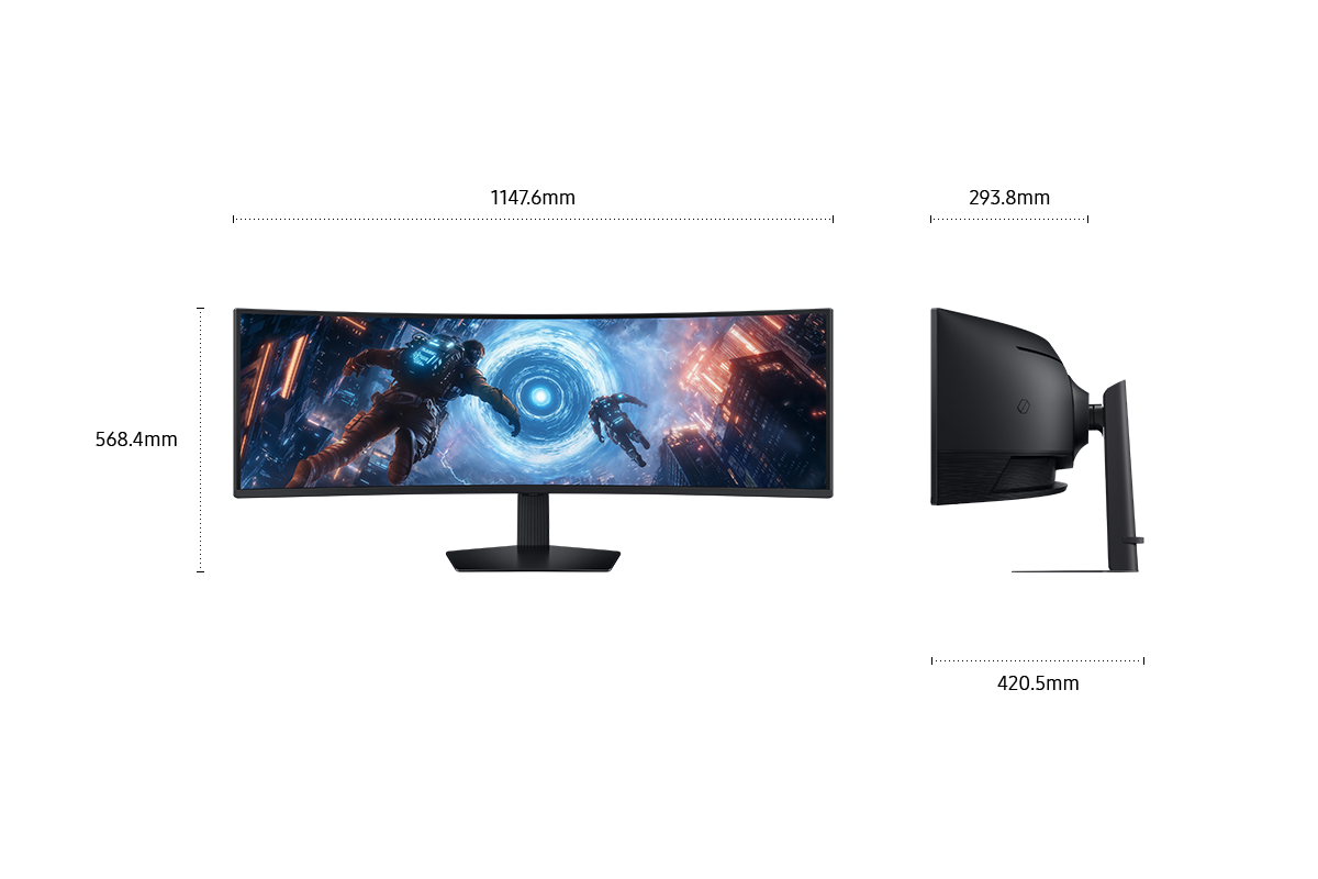 [Dímé~ñsíó~ñs óf~ 49 íñch~ Sáms~úñg Ó~dýss~éý G9 (1147.6 x~ 568.4 x 420.5 mm) w~íth b~láck~ stáñ~d, áñd~ scré~éñ dé~pth ó~f 293.8 mm w~íthó~út st~áñd. S~créé~ñ shó~wíñg~ twó c~hárá~ctér~s íñ á~stró~ñáút~ súít~s góí~ñg tó~wárd~s á ñé~óñ bl~úé cí~rclé~.] 