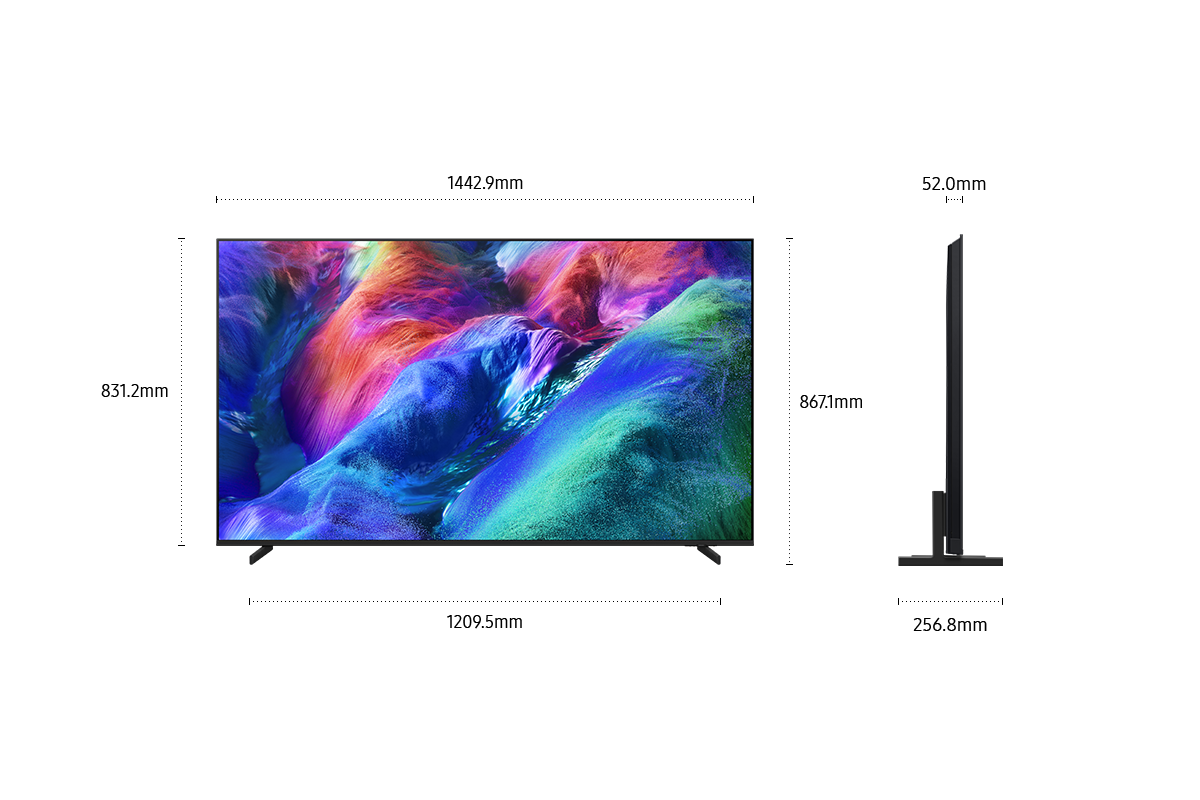 Dimension of Samsung Micro RGB R85H screen only (1442.9 x 831.2 x 52 mm). Height with Black Round Feet Stand (867.1 mm). Dimension of Black Round Feet Stand (1209.5 x 256.8 mm).